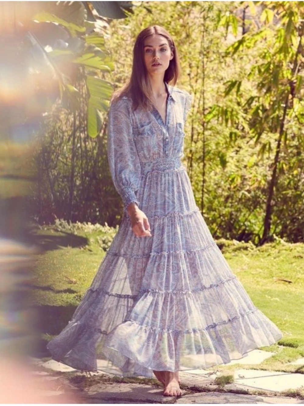 Light Blue Paisley Maxi Dress with Tiered Skirt